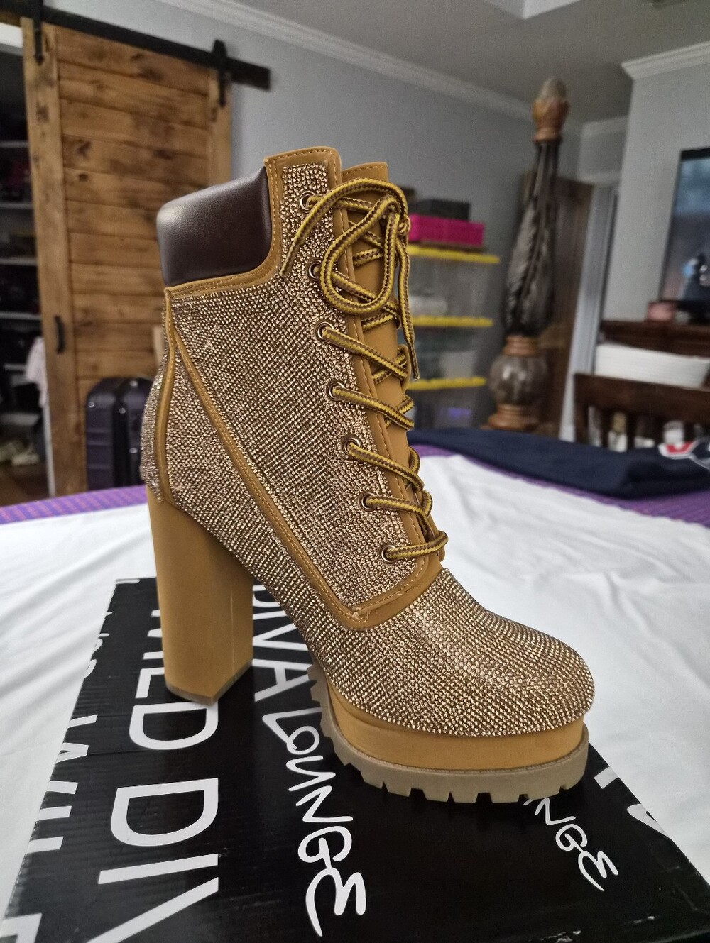 New Camel Nubuck Rhinestone Ankle Boots